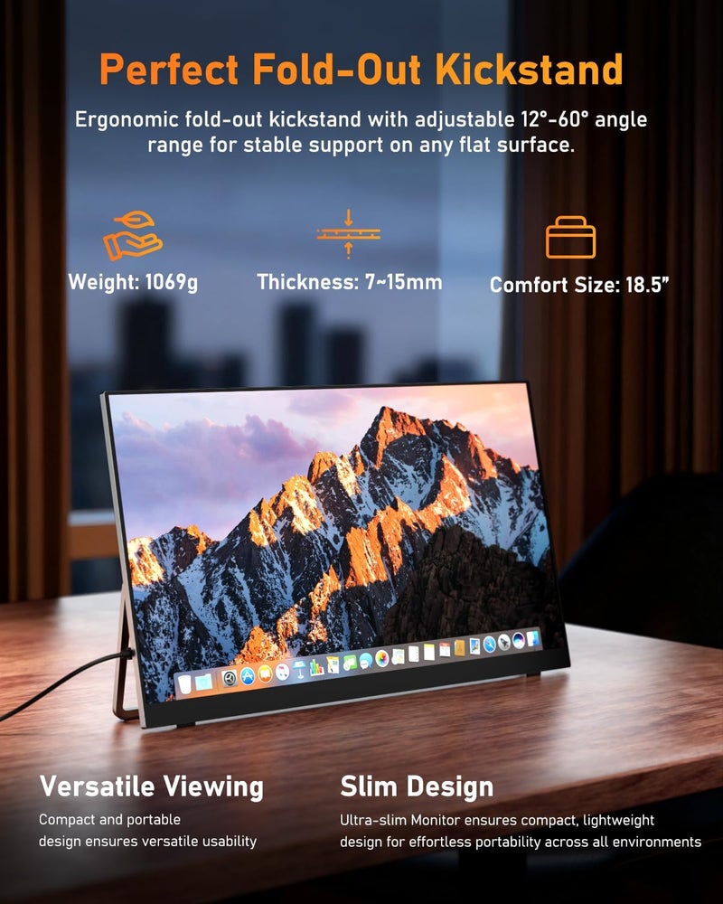 Yodoit Portable Monitor for Laptop 100Hz 18.5" FHD 1080P Screen IPS Display with USB Type C Port and Speakers with Smart Cover Metal Compatible with PC, MacBook, Xbox (Black) - Image 5